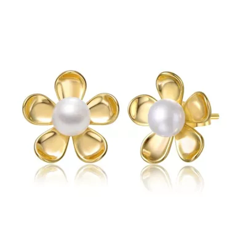 Lab Created Sterling Silver 14K Gold Plated with White Freshwater Pearl Blooming Daisy Flower Stud Earrings