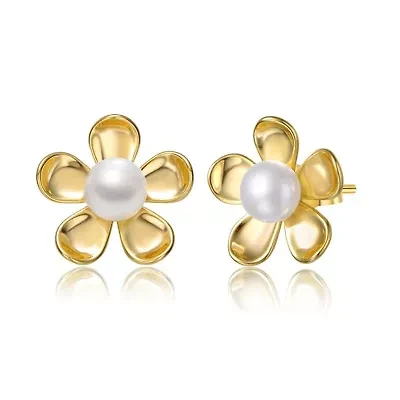 Lab Created Sterling Silver 14K Gold Plated with White Freshwater Pearl Blooming Daisy Flower Stud Earrings
