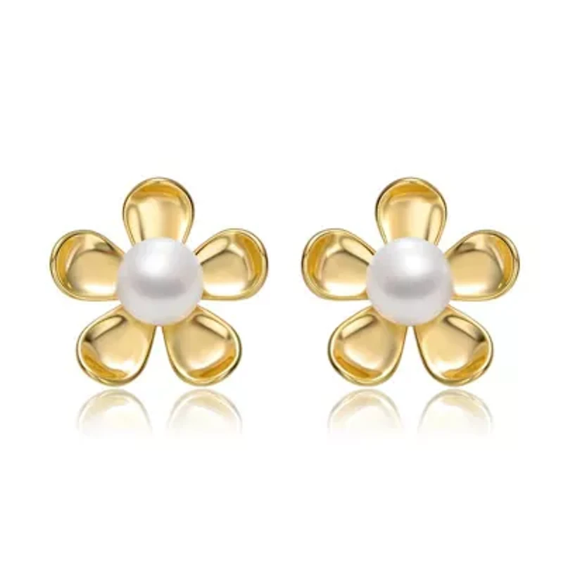 Lab Created Sterling Silver 14K Gold Plated with White Freshwater Pearl Blooming Daisy Flower Stud Earrings