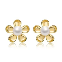 Lab Created Sterling Silver 14K Gold Plated with White Freshwater Pearl Blooming Daisy Flower Stud Earrings