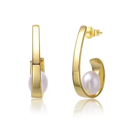 Lab Created Sterling Silver 14K Gold-Plated with White Freshwater Pearl Drops Ribbon Half-Hoop Earrings