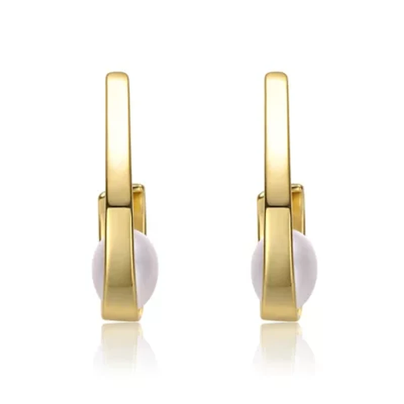 Lab Created Sterling Silver 14K Gold-Plated with White Freshwater Pearl Drops Ribbon Half-Hoop Earrings