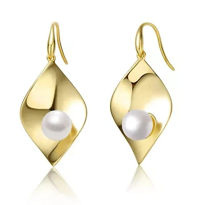 Lab Created Sterling Silver 14K Gold Plated with White Freshwater Pearl Lily Pad Dangle Drop Wire Earrings