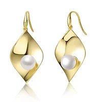 Lab Created Sterling Silver 14K Gold Plated with White Freshwater Pearl Lily Pad Dangle Drop Wire Earrings