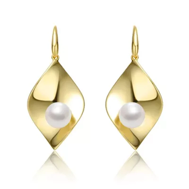 Lab Created Sterling Silver 14K Gold Plated with White Freshwater Pearl Lily Pad Dangle Drop Wire Earrings