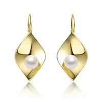 Lab Created Sterling Silver 14K Gold Plated with White Freshwater Pearl Lily Pad Dangle Drop Wire Earrings