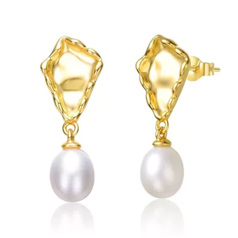 Lab Created Sterling Silver 14K Gold Plated with White Freshwater Pearl Nugget Dangle Earrings