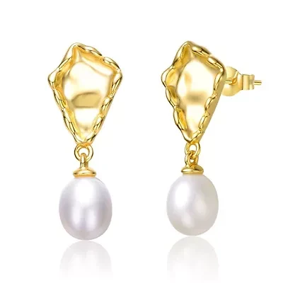 Lab Created Sterling Silver 14K Gold Plated with White Freshwater Pearl Nugget Dangle Earrings