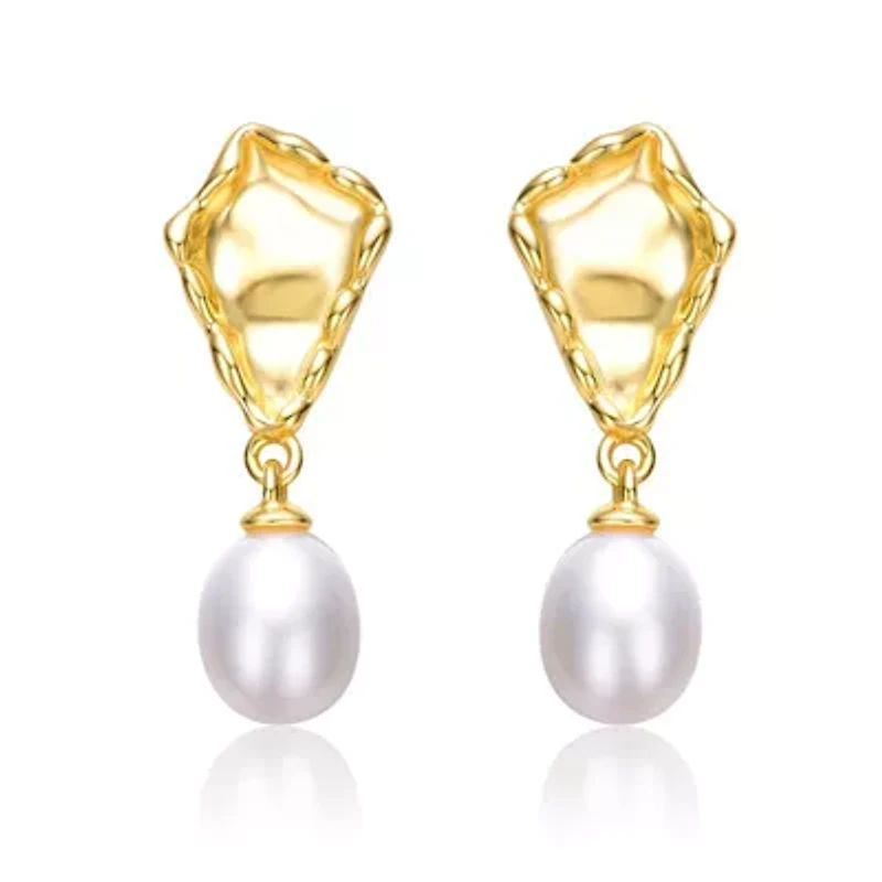 Lab Created Sterling Silver 14K Gold Plated with White Freshwater Pearl Nugget Dangle Earrings