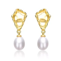 Lab Created Sterling Silver 14K Gold Plated with White Freshwater Pearl Nugget Dangle Earrings