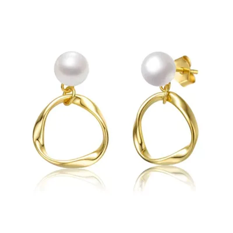 Lab Created Sterling Silver 14K Gold Plated with White Freshwater Pearl Twisted Eternity Circle Halo Double Drop Dangle Earrings