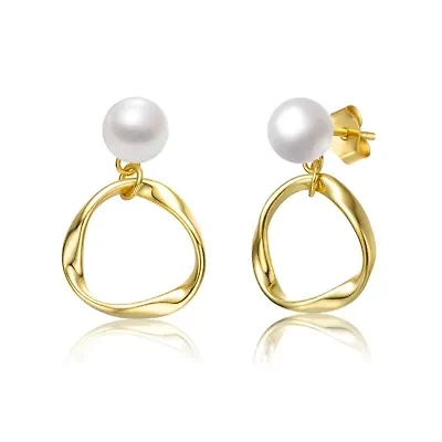 Lab Created Sterling Silver 14K Gold Plated with White Freshwater Pearl Twisted Eternity Circle Halo Double Drop Dangle Earrings