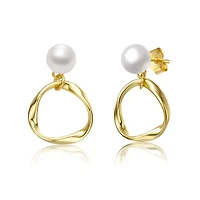 Lab Created Sterling Silver 14K Gold Plated with White Freshwater Pearl Twisted Eternity Circle Halo Double Drop Dangle Earrings