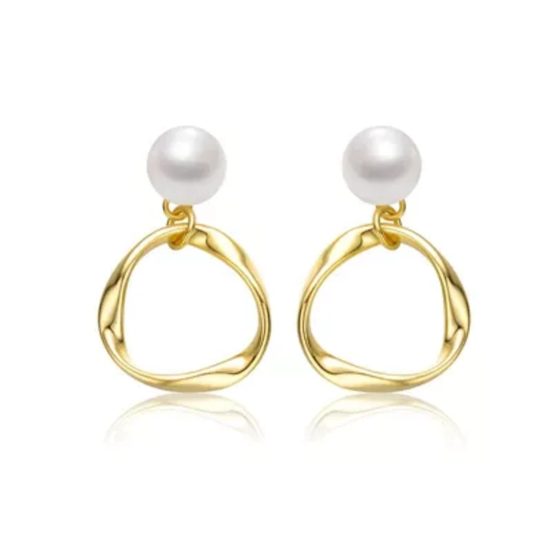 Lab Created Sterling Silver 14K Gold Plated with White Freshwater Pearl Twisted Eternity Circle Halo Double Drop Dangle Earrings