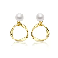 Lab Created Sterling Silver 14K Gold Plated with White Freshwater Pearl Twisted Eternity Circle Halo Double Drop Dangle Earrings