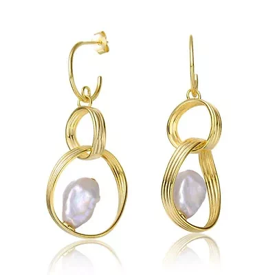Lab Created Sterling Silver 14K Gold Plated with White Freshwater Pearl Double Drop Half-Hoop Dangle Earrings
