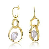 Lab Created Sterling Silver 14K Gold Plated with White Freshwater Pearl Double Drop Half-Hoop Dangle Earrings