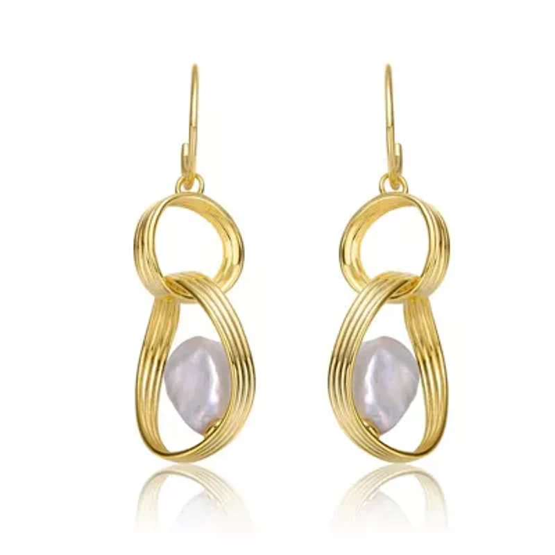 Lab Created Sterling Silver 14K Gold Plated with White Freshwater Pearl Double Drop Half-Hoop Dangle Earrings