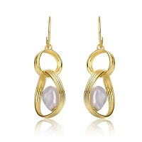 Lab Created Sterling Silver 14K Gold Plated with White Freshwater Pearl Double Drop Half-Hoop Dangle Earrings