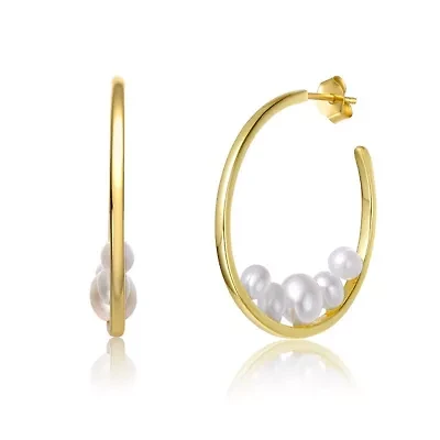 Lab Created Sterling Silver 14K Gold Plated with White Freshwater Pearl Cluster C-Hoop Earrings
