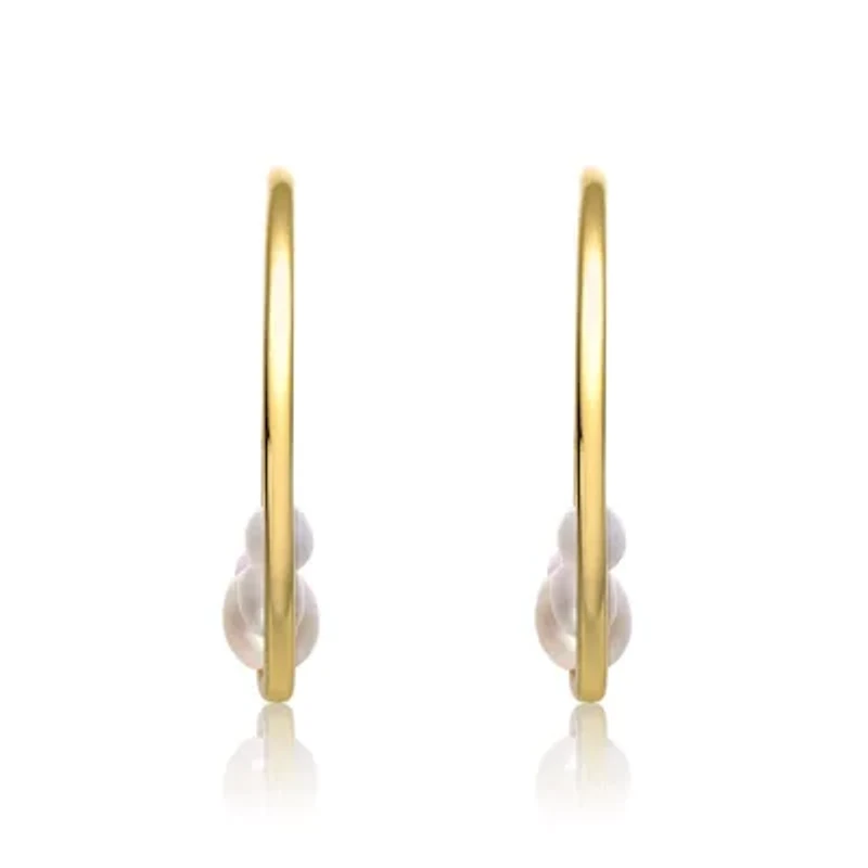 Lab Created Sterling Silver 14K Gold Plated with White Freshwater Pearl Cluster C-Hoop Earrings