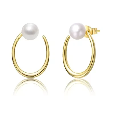 Lab Created Sterling Silver 14K Gold Plated with White Freshwater Pearl Oblong Oval Halo Hoop Earrings