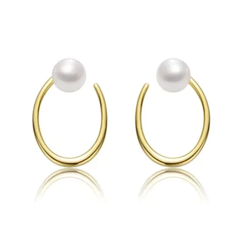 Lab Created Sterling Silver 14K Gold Plated with White Freshwater Pearl Oblong Oval Halo Hoop Earrings