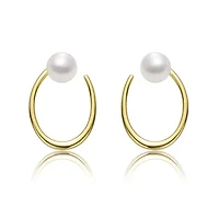 Lab Created Sterling Silver 14K Gold Plated with White Freshwater Pearl Oblong Oval Halo Hoop Earrings