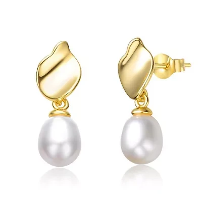 Lab Created Sterling Silver 14K Gold Plated with Oval White Freshwater Pearl Seashell Design Drop Earrings