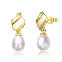 Lab Created Sterling Silver 14K Gold Plated with Oval White Freshwater Pearl Seashell Design Drop Earrings