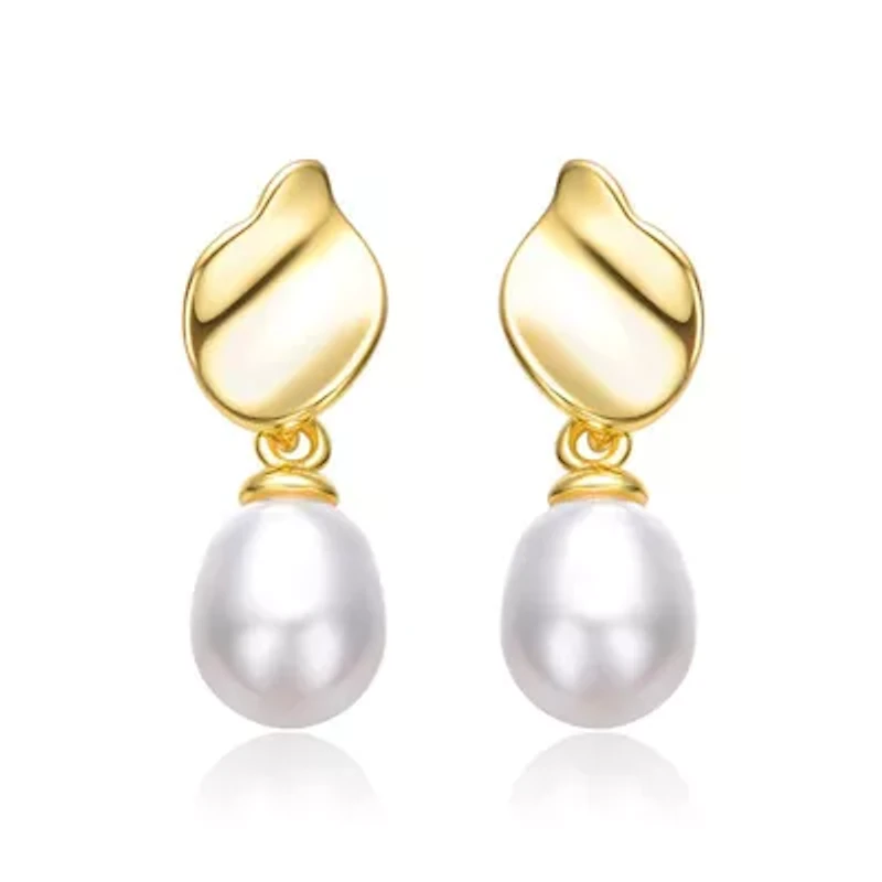 Lab Created Sterling Silver 14K Gold Plated with Oval White Freshwater Pearl Seashell Design Drop Earrings