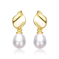 Lab Created Sterling Silver 14K Gold Plated with Oval White Freshwater Pearl Seashell Design Drop Earrings