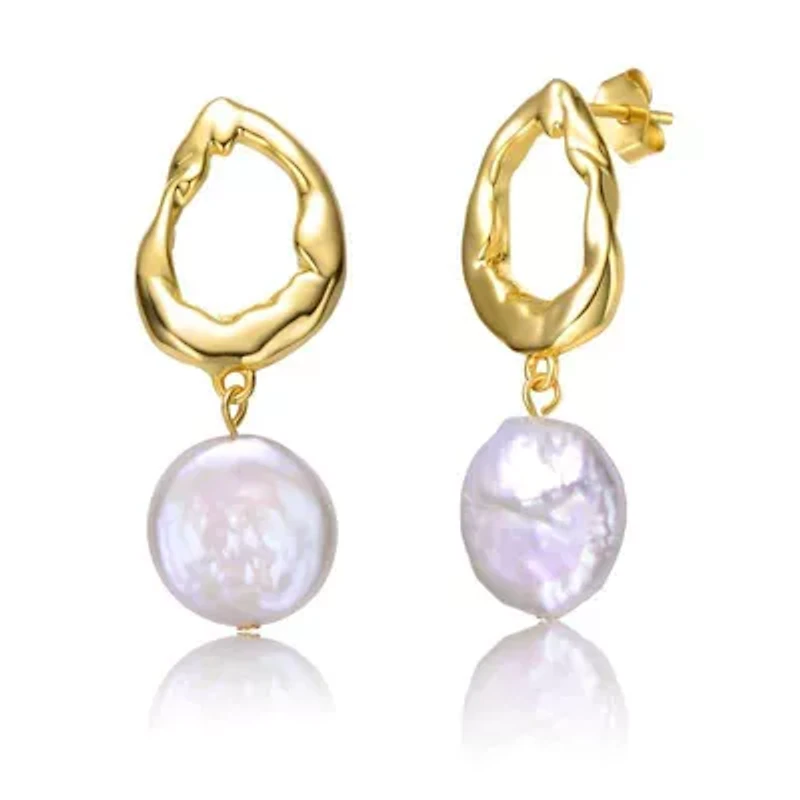 Lab Created Sterling Silver 14K Gold Plated with White Coin Freshwater Pearl Twisted Halo Circle Drop Earrings