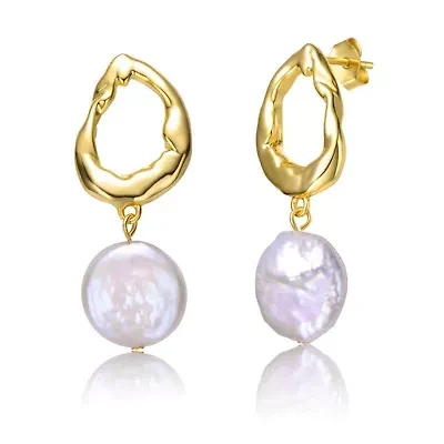 Lab Created Sterling Silver 14K Gold Plated with White Coin Freshwater Pearl Twisted Halo Circle Drop Earrings