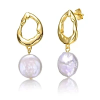Lab Created Sterling Silver 14K Gold Plated with White Coin Freshwater Pearl Twisted Halo Circle Drop Earrings