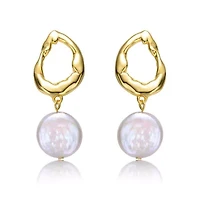 Lab Created Sterling Silver 14K Gold Plated with White Coin Freshwater Pearl Twisted Halo Circle Drop Earrings