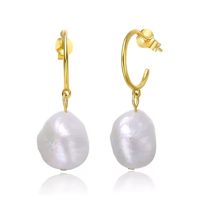 Lab Created Sterling Silver 14K Gold Plated with Oval White Freshwater Pearl Dangle Drop C-Hoop Earrings