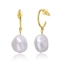 Lab Created Sterling Silver 14K Gold Plated with Oval White Freshwater Pearl Dangle Drop C-Hoop Earrings