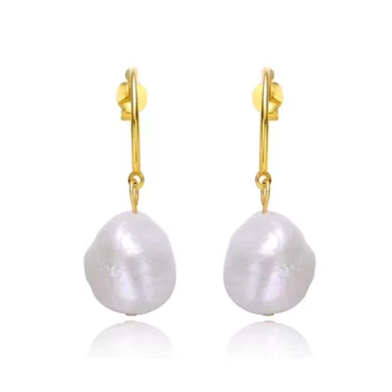 Lab Created Sterling Silver 14K Gold Plated with Oval White Freshwater Pearl Dangle Drop C-Hoop Earrings