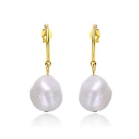 Lab Created Sterling Silver 14K Gold Plated with Oval White Freshwater Pearl Dangle Drop C-Hoop Earrings