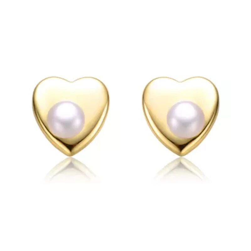 Lab Created Sterling Silver 14K Gold Plated with White Freshwater Pearl Heart Stud Earrings