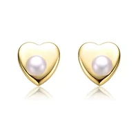 Lab Created Sterling Silver 14K Gold Plated with White Freshwater Pearl Heart Stud Earrings
