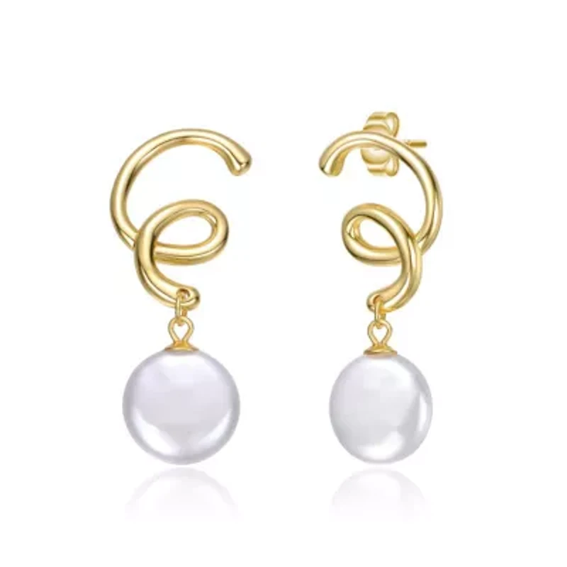 Lab Created Sterling Silver 14K Gold Plated with White Freshwater Pearl Spiral Drop Earrings