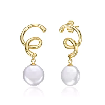 Lab Created Sterling Silver 14K Gold Plated with White Freshwater Pearl Spiral Drop Earrings