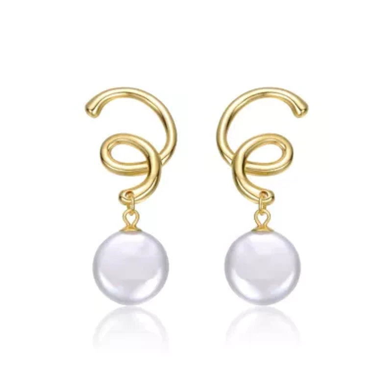 Lab Created Sterling Silver 14K Gold Plated with White Freshwater Pearl Spiral Drop Earrings