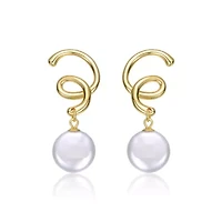 Lab Created Sterling Silver 14K Gold Plated with White Freshwater Pearl Spiral Drop Earrings
