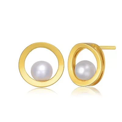 Lab Created Sterling Silver 14K Gold Plated with Genuine Freshwater Round Pearl Stud Earrings