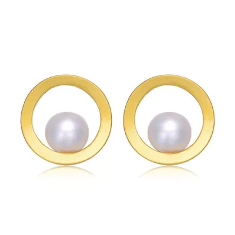 Lab Created Sterling Silver 14K Gold Plated with Genuine Freshwater Round Pearl Stud Earrings