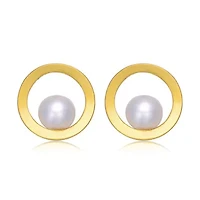 Lab Created Sterling Silver 14K Gold Plated with Genuine Freshwater Round Pearl Stud Earrings