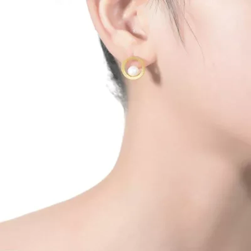 Lab Created Sterling Silver 14K Gold Plated with Genuine Freshwater Round Pearl Stud Earrings